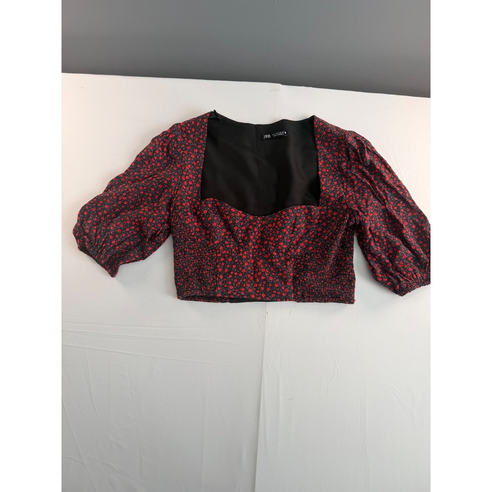 Zara Crop Top Women S Red Floral Smocked Puff Sleeve Square Neck Boho Festival